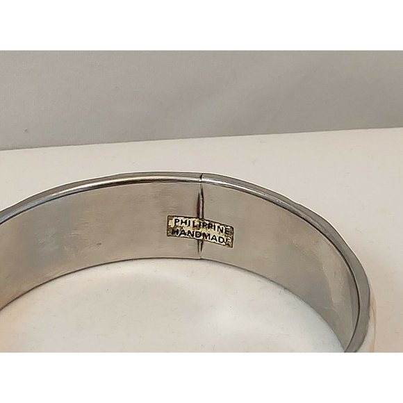 Vtg inlay Block Shell Bangle Bracelet Philippines Brown Cream Silver Tone Metal - Picture 5 of 11